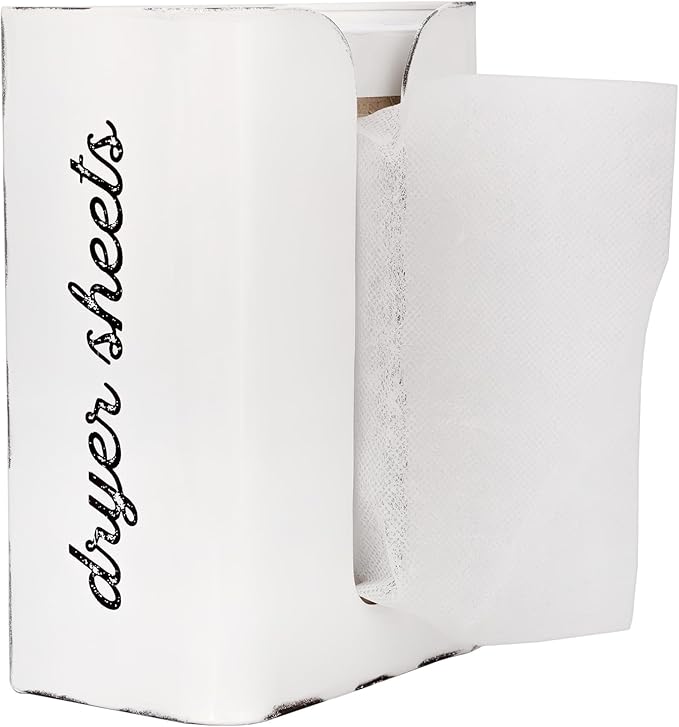 AuldHome Design Dryer Sheet Dispenser (White); Rustic Distressed Style Fabric Softener Sheet Holder for Laundry Room