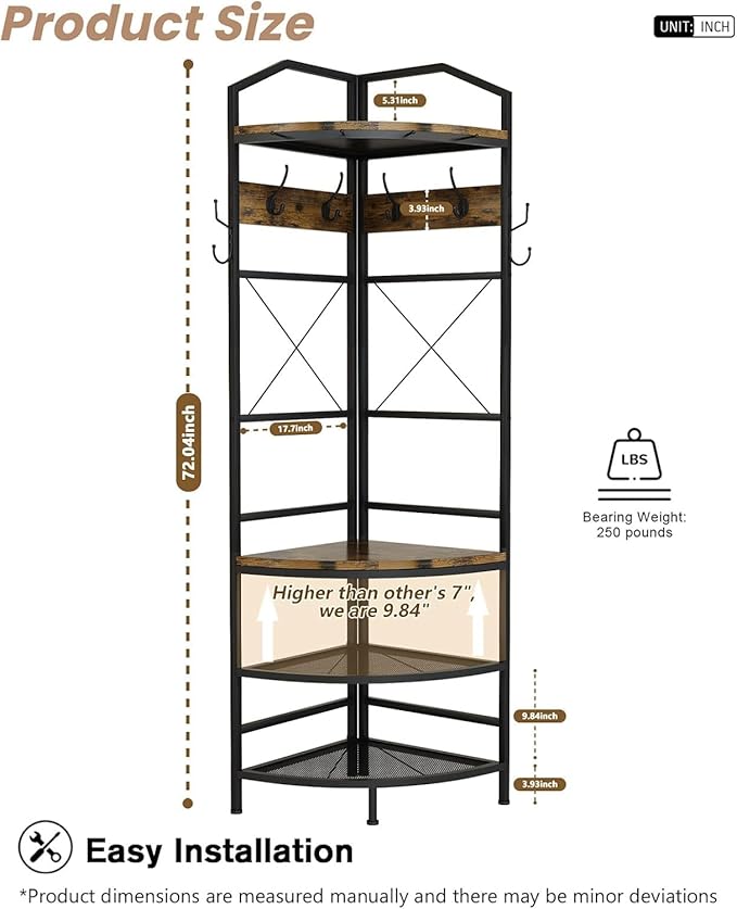 Corner Coat Rack with Storage, Entryway Hall Tree with Bench and 8 Metal Hooks, Freestanding Clothes Rack Shoes Shelf Organizer for Home Office Bedroom, Rustic Brown