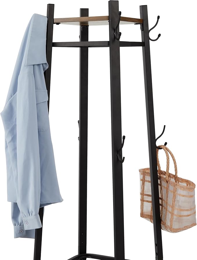 VECELO Coat Rack Freestanding, Entryway Clothes Stand with Metal Basket and 2 Shelves, Upgrade Hall Trees with 8 Dual Hooks for Bags, Hats, and Umbrellas, Industrial Styles, Vintage Brown+ Black