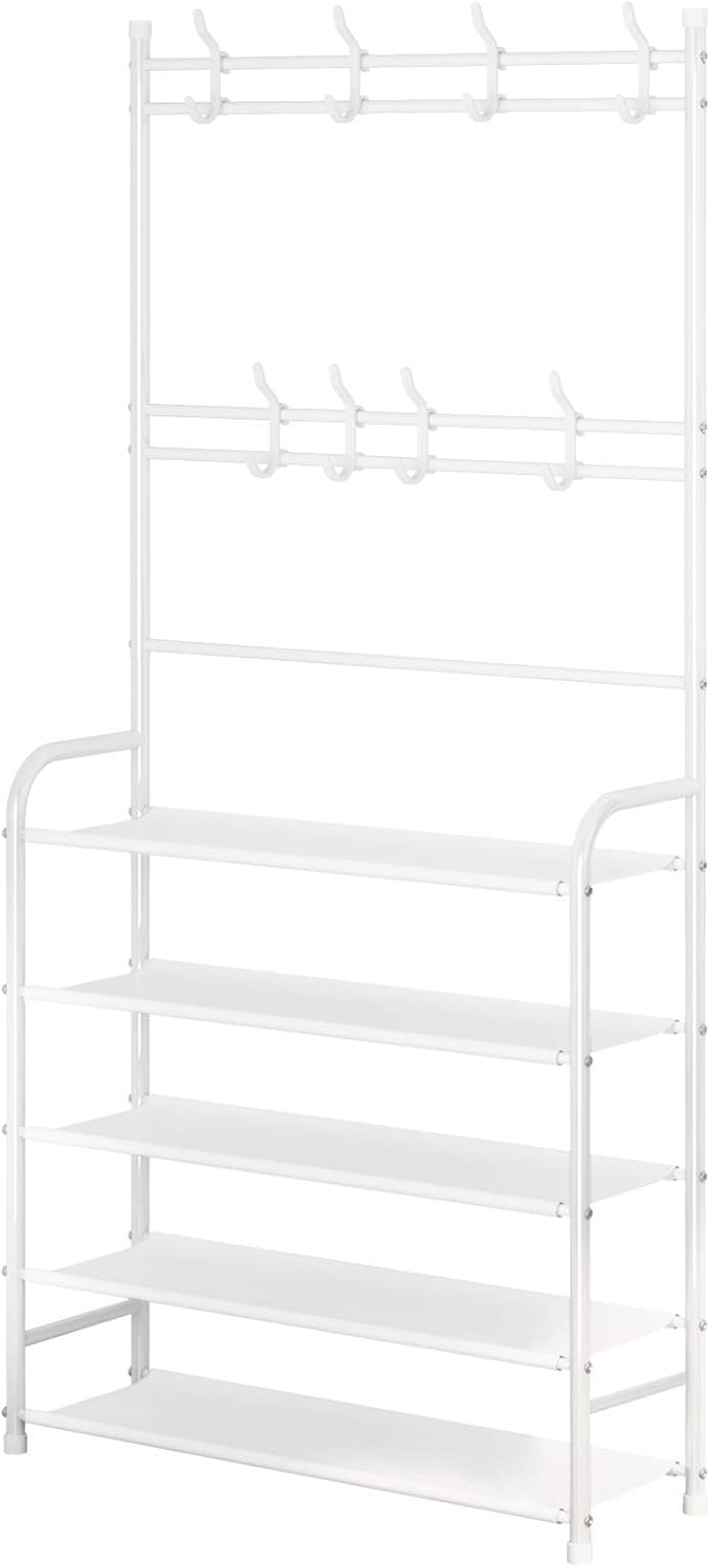 UDEAR Entryway Coat Rack,3-in-1 Hall Tree Multifunctional Storage Shelf with 5-Tier Shoe Bench and 8 hooks,20-25 Pairs of Shoes,Easy Assembly,for Entrance Foyer Bedroom Barthroom,White