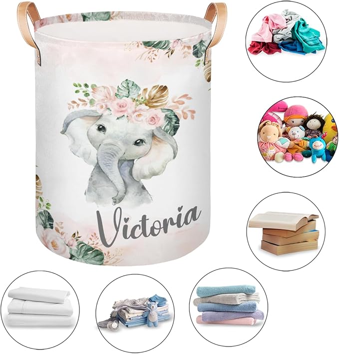 Personalized Laundry Basket, Custom Gift Laundry Hamper, Collapsible Nursery Waterproof Laundry Baskets, Dirty Clothes Toy Hamper with Handles Tropical Elephant Pink