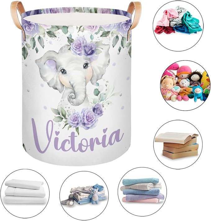 Personalized Laundry Basket, Custom Gift Laundry Hamper, Collapsible Nursery Waterproof Laundry Baskets, Dirty Clothes Toy Hamper with Handles Purple Floral Cute Elephant