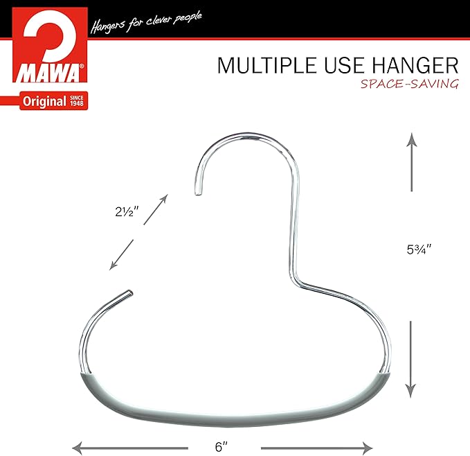 Mawa Scarf, Shawl, Belt, and Accessory Organizer, Non-Toxic Metal Hanger with Grip Coating, Easy Access Open Hook, Model G-1 Space Saving Design, Set of 2, Silver