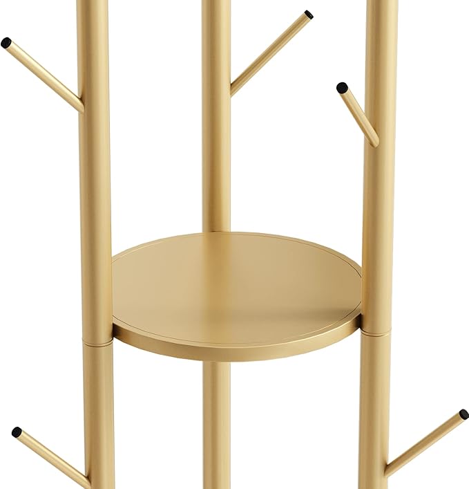Metal Gold Coat Racks Freestanding, Coat Hanger Stand, Hall Tree Rack for Hanging Hats, Scarves, Bags, Modern Coat Rack with Double Shelves, Corner Coat Rack, 9 Hooks, Gold