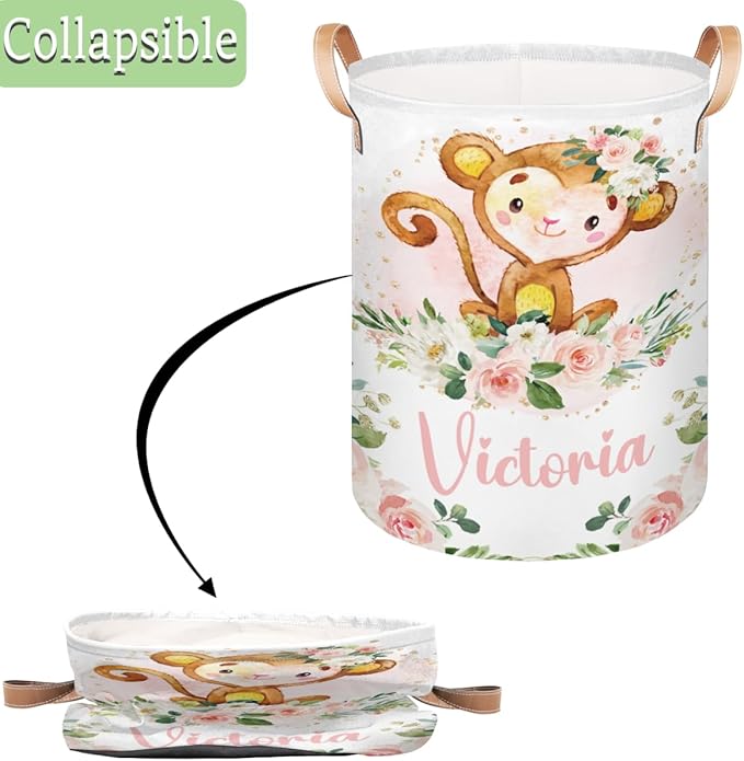Personalized Laundry Basket, Custom Gift Laundry Hamper, Collapsible Nursery Waterproof Laundry Baskets, Dirty Clothes Toy Hamper with Handles Cute Girly Monkey