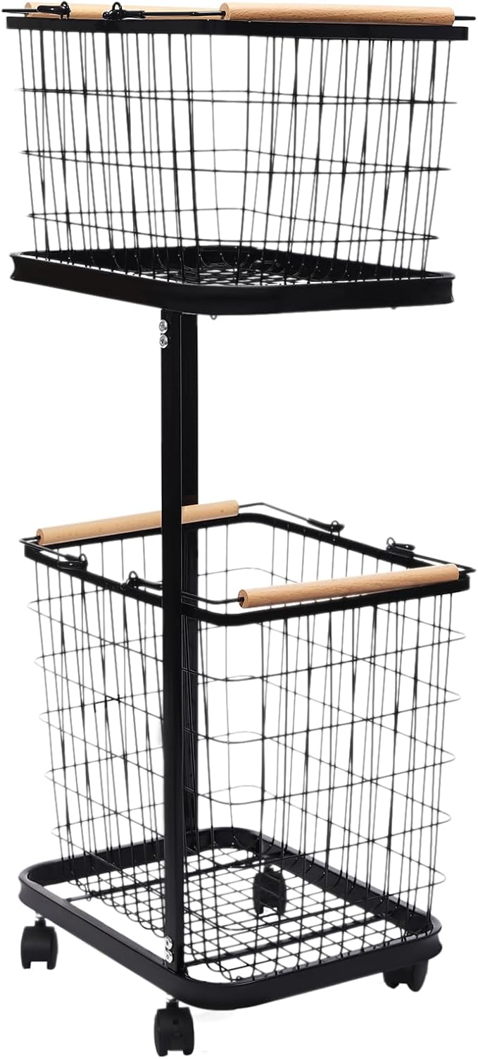 Laundry Hamper, 2 Tiers Laundry Sorter,Vertical Rolling Laundry Cart,with 4 Universal Wheels,with 2 Pull-Out and Removable Shelf, Clothes Hamper with Divided Bag for Laundry Room,Bathroom, Dorm
