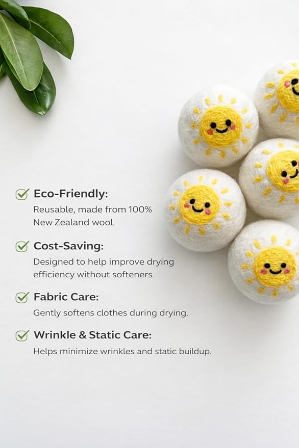 Wool Dryer Balls - 6 Pack, 100% New Zealand Wool - Reusable Natural Laundry Softener, No More Dryer Sheets, Helps Reduce Static & Wrinkles