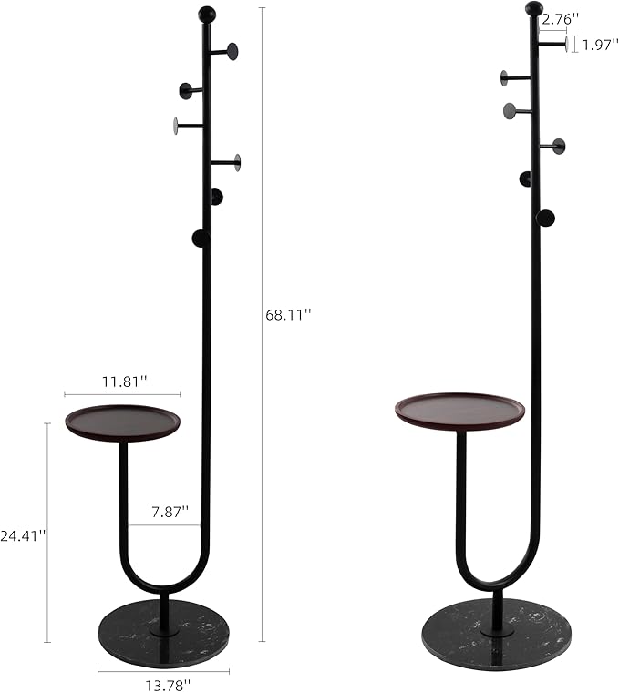 Coat Rack Freestanding with Table & 6 Hooks, Corner Coat Tree, Heavy-duty Marble Base Coat Rack Stand for Bedroom Living Room Office Entryway 13.78 x 13.78 x 68.11 Inches (Black)