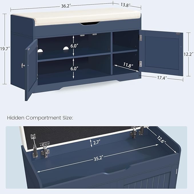 TEENFON 2-Tier Storage Bench, Shoe Bench with Adjustable Shelf & Lift Top Storage, Entryway Bench with Cushioned Seat,13.8"D x 36.2"W x 19.7"H, Shoe Organizer for Entryway, Living Room, Bedroom, Blue