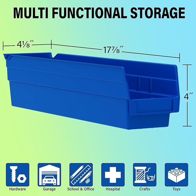 Akro-Mils 30128 Plastic Shelf Bins, Heavy Duty Storage Bins for Garage, Closet, and Drawer Organization, 18-Inch x 4-Inch x 4-Inch, Red, 12-Pack