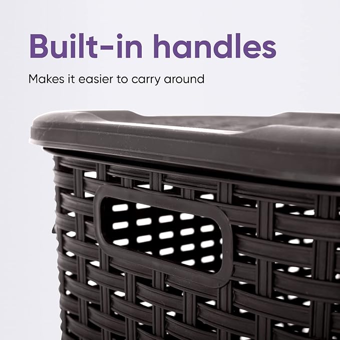 Superio Laundry Hamper Basket With Easy Open Lid 60 Liter Large Wicker Hamper, Dirty Cloths Storage With Two Cutout Handles, Laundry Room Bin (2 Pack, Brown)