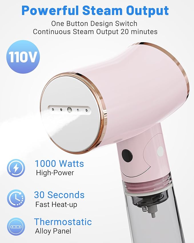 Foldable Travel Sized Steamer for Clothes,Portable Garment Steamer The Voltage of 110-120V, Wattage 1000W, Water Tank Capacity 200 ML, 8 FT Long Power Cord (Pink)