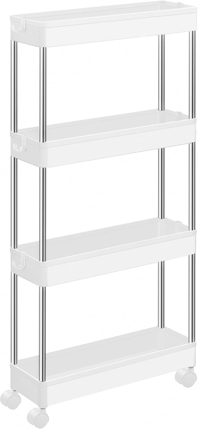 SONGMICS Slim Storage Cart, 4-Tier Rolling Cart, Narrow Utility Cart on Wheels, 6 Hooks, 360° Swivel Wheels, Lockable, Steel Frame, Bathroom, Kitchen, Office, Cloud White UKSC08WT
