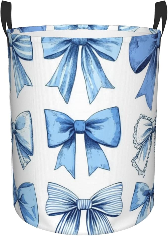 Cute Blue Bow Print Laundry Basket For Storage Bins Gift Baskets Bedroom Clothes Hamper