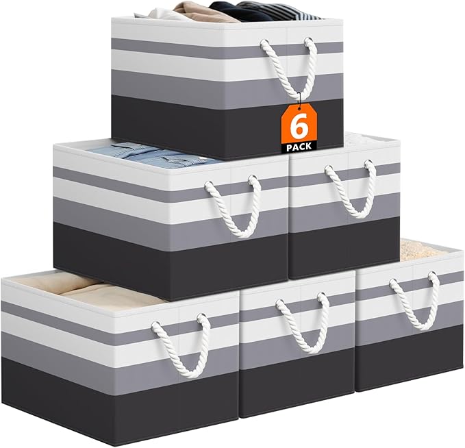 Storage Bin,Collapsible Storage Basket For Organizing,Large Storage Boxes With Rope Handles,Storage Containers,Gradient Grey,6 Pack