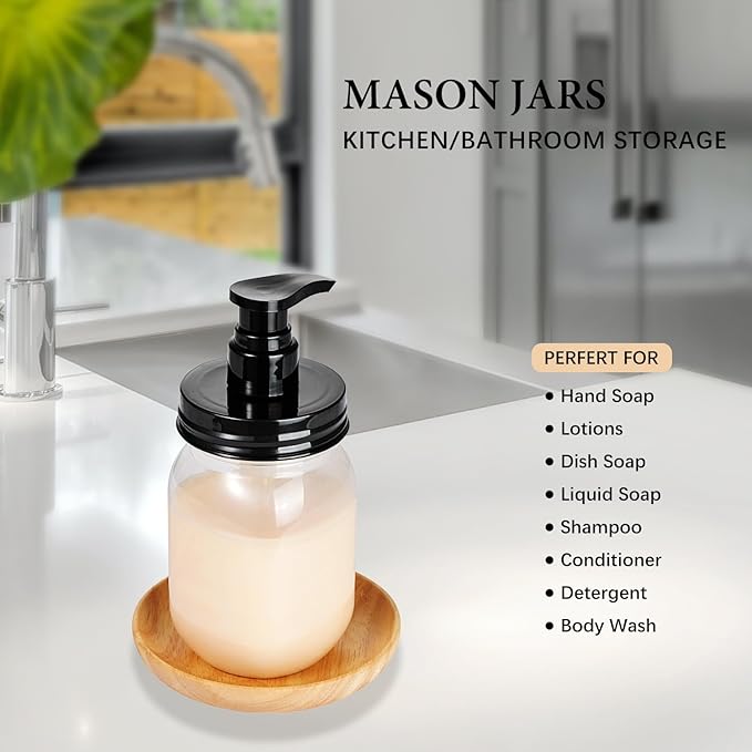 Amolliar Plastic Mason Jar Soap Dispenser with Pump Lid,16OZ Refillable BPA-Free Hand Soap Dispenser Set with Cute Lables - Farmhouse Decor for Kitchen/Bathroom,Liquid Soap,Dish Soap, Lotion (2 Pack)