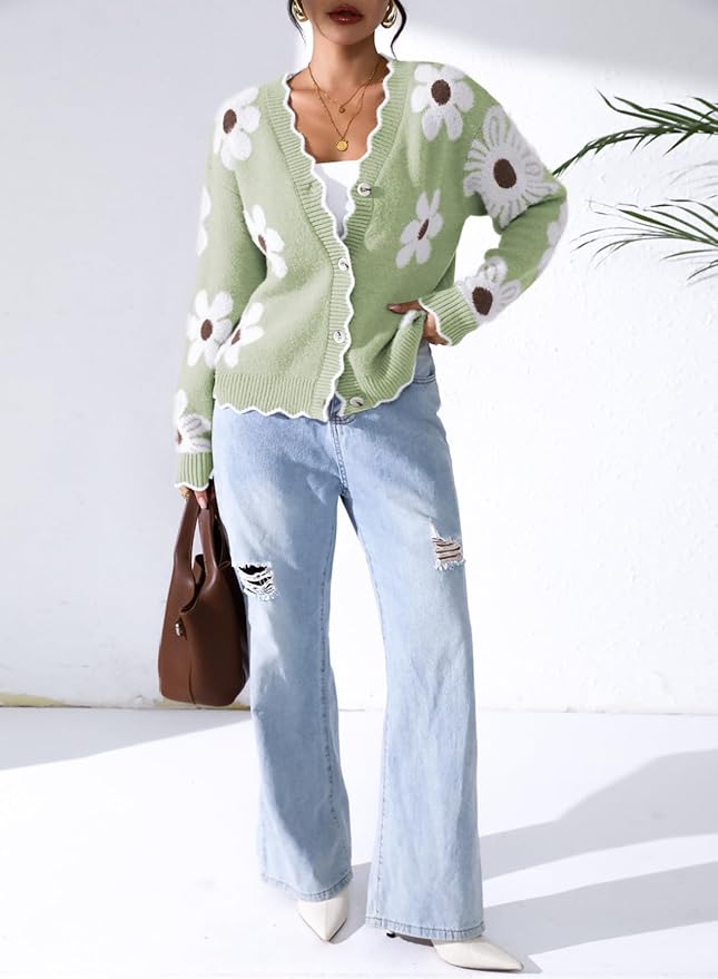 Pink Queen Fuzzy Sweater Cardigan for Women 2025 Fashion Long Sleeve Flower Outerwear Button Down Open Front Cardigan Coat