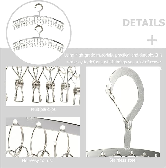 PRETYZOOM 2 Pack Laundry Drying Rack with 20 Clips, Stainless Steel Clothes Hanger, Windproof Drying Rack for Socks, Underwear, Scarves, Diapers