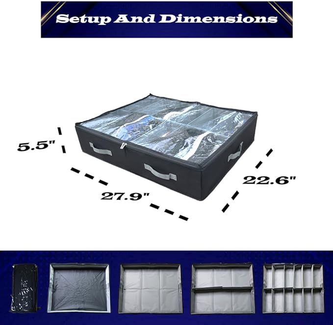 Under Bed Shoe Storage, A Sturdy Closet and Under Bed Storage, Multi-Functional Storage Organizer Solution,with Clear Silk PVC Cover and Adjustable Dividers.