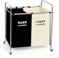 Double Compartment Rolling Laundry Sorter Cart with Wheels, Dark and Light Separation Hamper, Chrome Frame, Mobile Clothes Storage Organizer(Black+white, 2 Sections)