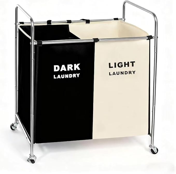 Double Compartment Rolling Laundry Sorter Cart with Wheels, Dark and Light Separation Hamper, Chrome Frame, Mobile Clothes Storage Organizer(Black+white, 2 Sections)