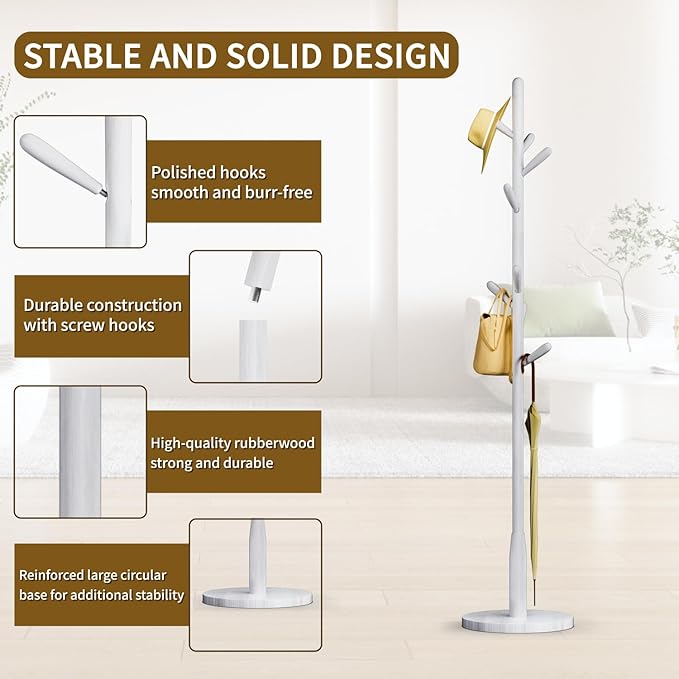 Solid Wood Round Base Coat Rack, Free Standing Hall Coat Tree with 8 Hooks（+2 spare for Coats, Hats, Bags, Purses, for Entryway, Hallway, Rubberwood Hooks,Base and Pole(Round Base,White)