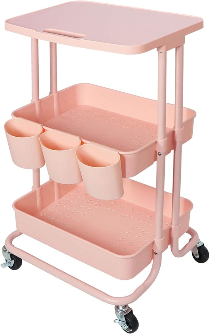 3 Tier Rolling Cart Pink Utility Cart with Table Top Multi-Functional Storage Trolley for Office, Living Room, Kitchen, Movable Storage Organizer on Wheels with Hanging Cups