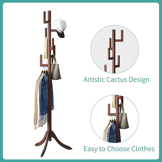 Coat Rack Freestanding, Bamboo Cactus Coat Stand, Adjustable Height Wooden Coat Tree with 6 Hooks, kids coat rack, Used In The Bedroom Living Room, Office To Hang Clothes, Hats, Bags