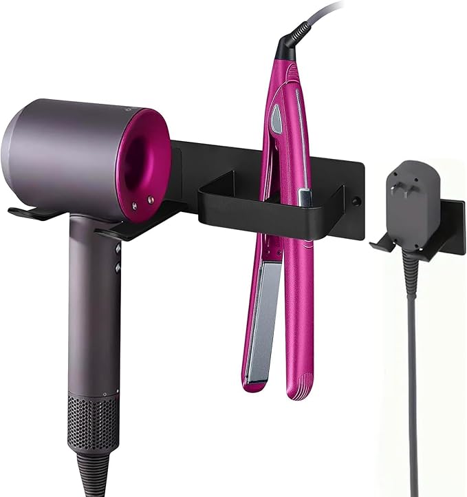 Hair Dryer Holder, Hairdryer Station Accessories Wall Mounted, Straightener Holder, Bathroom Hair Styling Care Tool Organizer, Multi-Functional Space Storage Bracket