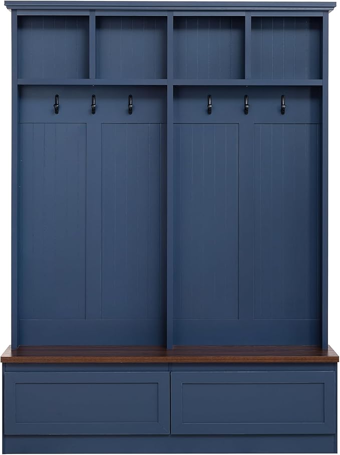 Hall Tree with Storage Bench, Farmhouse 4-in-1 Hall Tree with Wood Grain Bench, 2 Large Drawers, 6 Black Hooks, 4 Storage Compartments, Mudroom Versatile Coat Rack for Hallway, Living Room