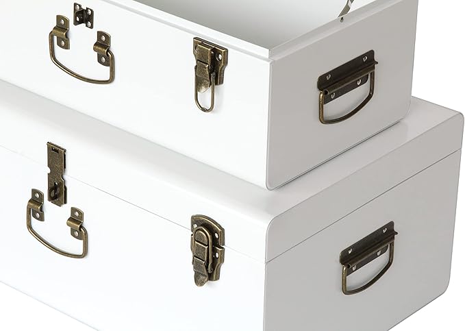 Vixdonos Decorative Metal Box Storage Trunks Set of 2 College Dorm Chest with Handle (White with Bronze Latches)