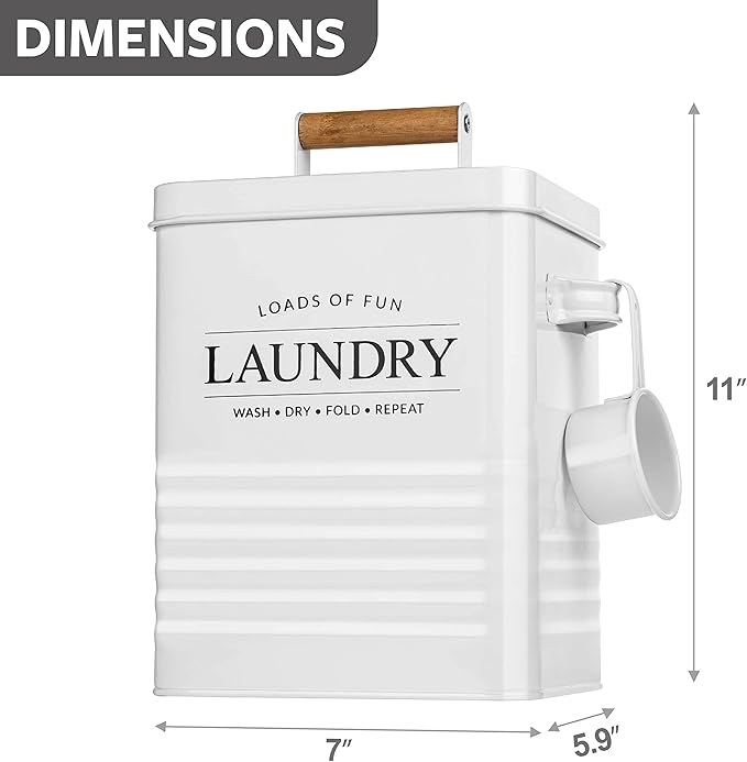 Calindiana Modern Farmhouse Metal Laundry Soap Dispenser with Scoop for Decor and Space Saving Organization, White