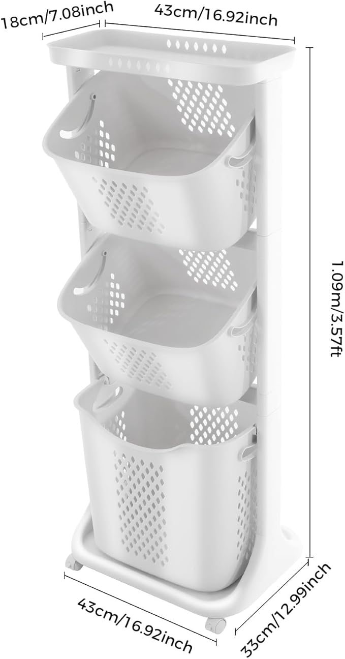 Laundry Basket 3 Tier with Wheels, Stackable Clothes Hamper Organizer, 55LBS Load Rolling Storage Cart for Bedroom, Bathroom, Laundry Room, Dormitory, White