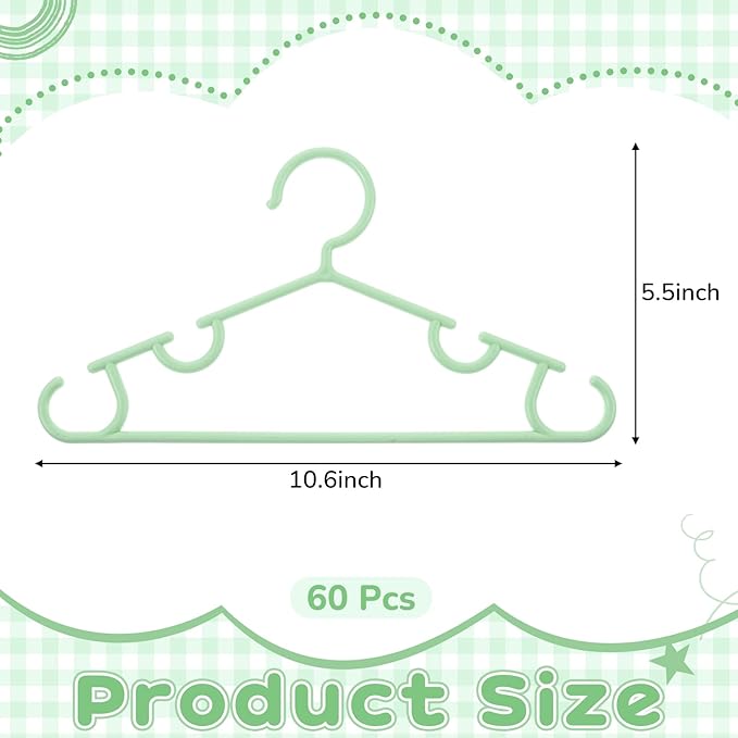 Hsei 60 Pack Pastel Color Kids Nursery Hangers Plastic Baby Hangers Heavy Duty Toddler Hanger for Pants, Coat, Skirts, Closet, Nursery Decor(Green Color)