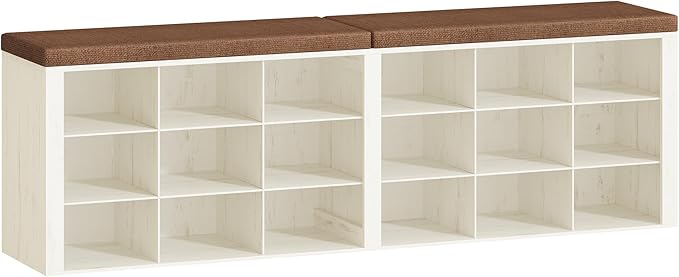 Shoe Storage Bench with Cushion, Entryway Storage Bench with 18 Cubbies, 9.5" Widened Organizer Cabinet, Long Cubby Rack for Living Room, Bedroom, Entryway, White and Brown SB25714KA