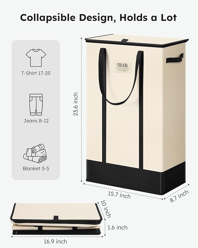 SOLEDI Slim Laundry Hamper with Lid,Collapsible Narrow Laundry Basket with Handles,Tall Skinny Dirty Clothes Hamper for Laundry Room,Dorm,Bathroom,Bedroom,and Small Spaces, 53L Beige