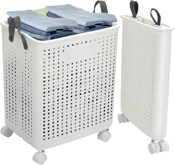 42L Large Heavy Duty Laundry Hamper On Wheels and Handle, Foldable Collapsible Laundry Basket, Space Saving Laundry Room Organization With Lid For Home Storage, Clothes (White)