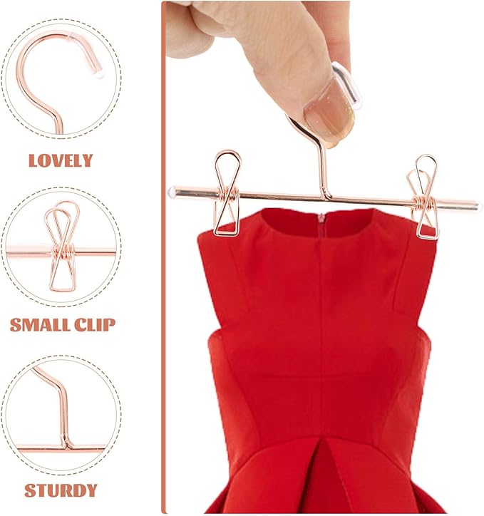 Luxshiny Mini Doll Clothes Hangers Set of 5 Metal Small Dress Hangers for Dollhouse Decor and Outfit Display Rose Gold Miniature Clothes Rack