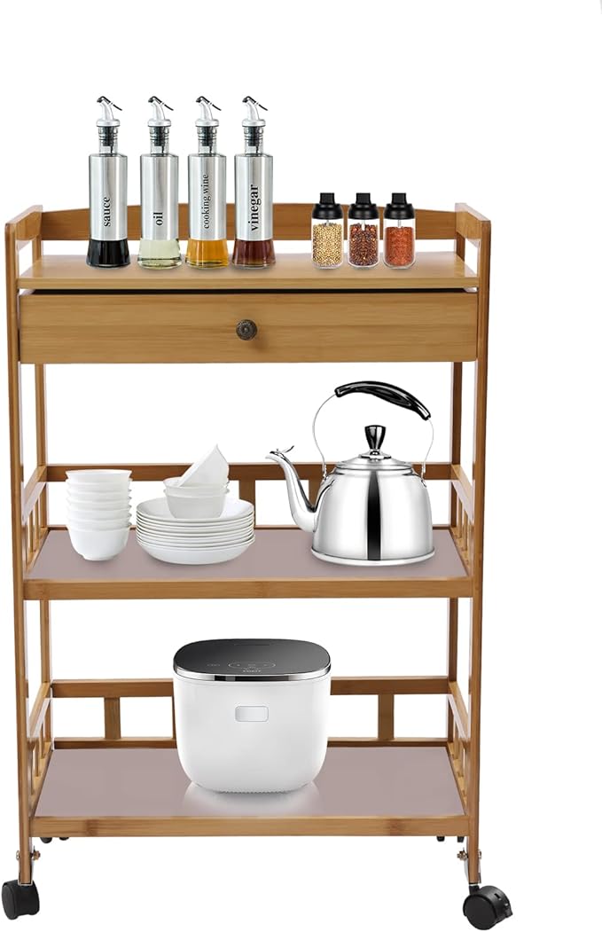 3 Tiers Bamboo Home Rolling Kitchen Trolley w/Storage Drawer Stand, Bamboo Kitchen Storage Cart, Natural Appearance, Rounded Corners, for Kitchen, Bathroom,Laundry,Living Room