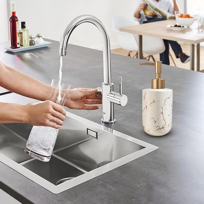 Gold Ceramic Soap Dispenser with Marble Pattern - Liquid Hand Soap Dispenser Pump Bottle (White)