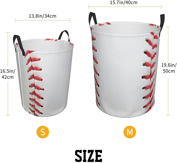 Dujiea Baseball Laundry Basket Round with Handle, Collapsible Foldable Canvas Storage Bin Dirty Clothes Bag for Laundry/Toys Organizer/College Dorm/Nursery/Decor(2 Sizes)