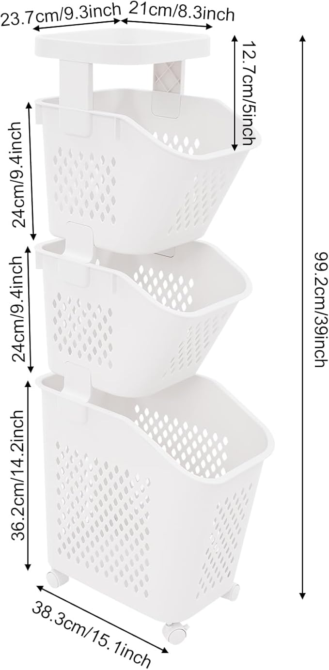 3 Tiers Rolling Laundry Hamper, White Plastic Laundry Basket Holder with Wheels, Vertical Laundry Hamper Sorter Cart, Rolling Clothes Hamper Organizer for Bathrooms Bedrooms