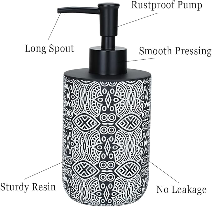 2pcs Hand Soap Dispenser Set, Boho Carving Resin Liquid Soap Dispensers for Bathroom Countertop, Heavy & Sturdy Dish Wash Soap Dispenser for Kitchen, Black