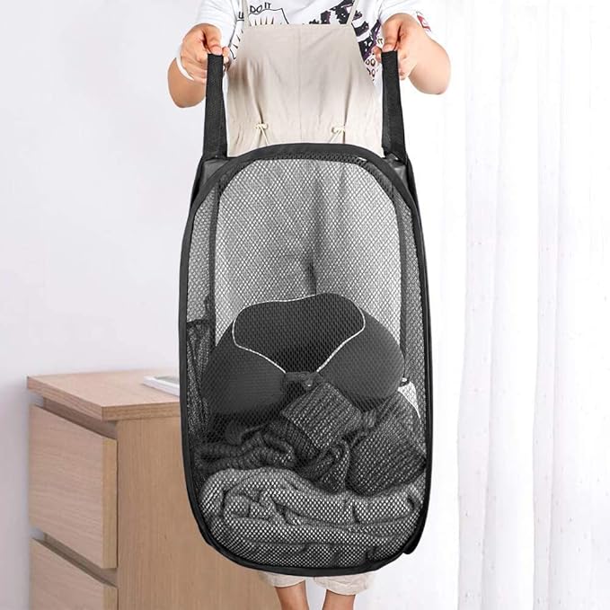 Pop Up Laundry Hampers, Collapsible Mesh Laundry Baskets for Home, Dorm, Travel, Portable Clothes Hampers, Pack of 2 (Black + Grey)