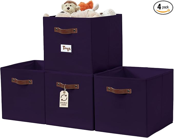 DECOMOMO Storage Baskets, 13x15x13 Storage Cube Bins with Labels for Organizing Shelves Kallax (Kallax / 4pcs, Deep Violet)