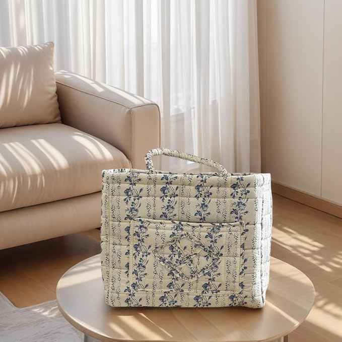 Quilted Fabric Basket Car Storage Basket Boho Floral Laundry Hamper for Nursery Bedroom & Living Room | Organize Clothes Toys