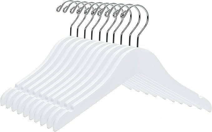 Quality 12 Inch White Kids Wooden Hangers - Children Hangers with Multifunctional Notches & 360 Degree Swivel Chrome Hook - Kid Coat Hangers for Clothes Size 8 and Smaller (White, 20)