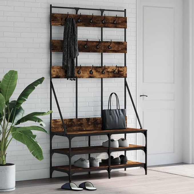 vidaXL Smoked Oak Clothes Rack with Shoe Storage - Compact, Modern Style, Engineered Wood and Metal, Organizational Furniture for Home
