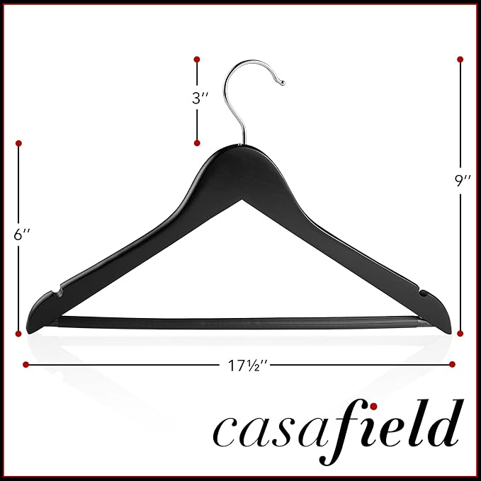 Casafield - 10 Black Wooden Suit Hangers - Premium Lotus Wood with Notches & Chrome Swivel Hook for Dress Clothes, Coats, Jackets, Pants, Shirts, Skirts