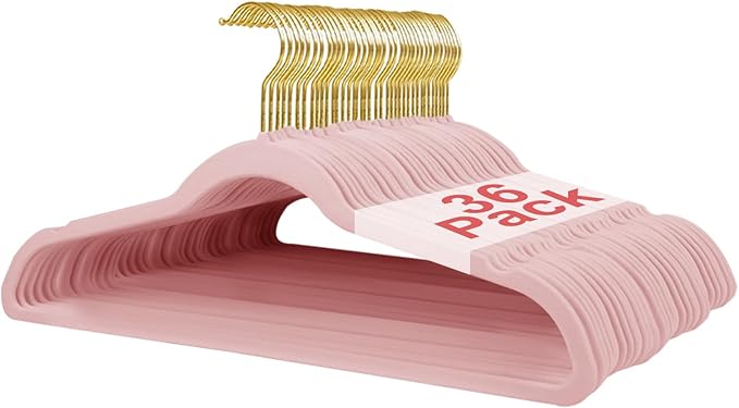 36 Packs Velvet Clothes Hangers, 17.3 Inches Non-Slip Skirt Hangers, Sturdy Dresses Hangers with Shoulder Notches, Space Saving Clothing Hangers for Adults Pink - Gold Hook